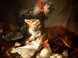 "Fox in a Chicken Yard" by Jean-Baptiste Huet (1766)The artist does not avert his eye