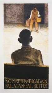"Fail Better" Samuel Beckett watching "Waiting for Godot," portrait by Tom Phillips (National Portrait Gallery, London)