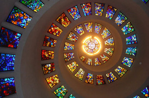 (Photo by William Henry) The Sacred Spiral in The Glory Window of the Chapel at Thanksgiving Square, Dallas. Designed by French artist Gabriel Loire